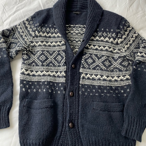 J. Crew wool cardigan small navy blue/cream leather buttons COZY AF!